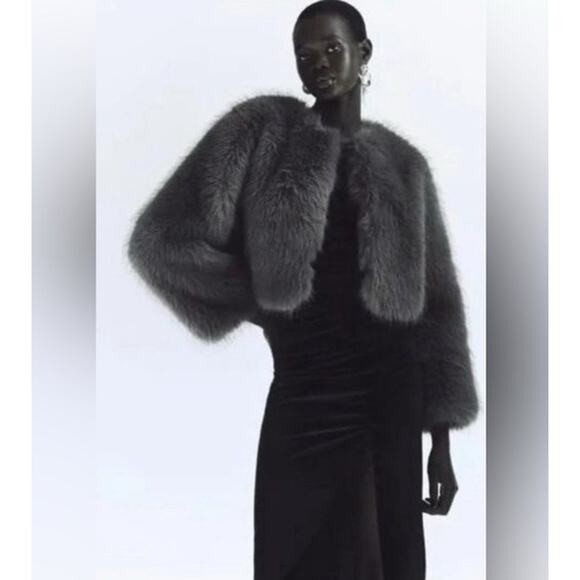ZARA Blogger-Favorite Faux Fur Cropped Jacket Gray Hook & Eye XS 6318/261 - Picture 1 of 12